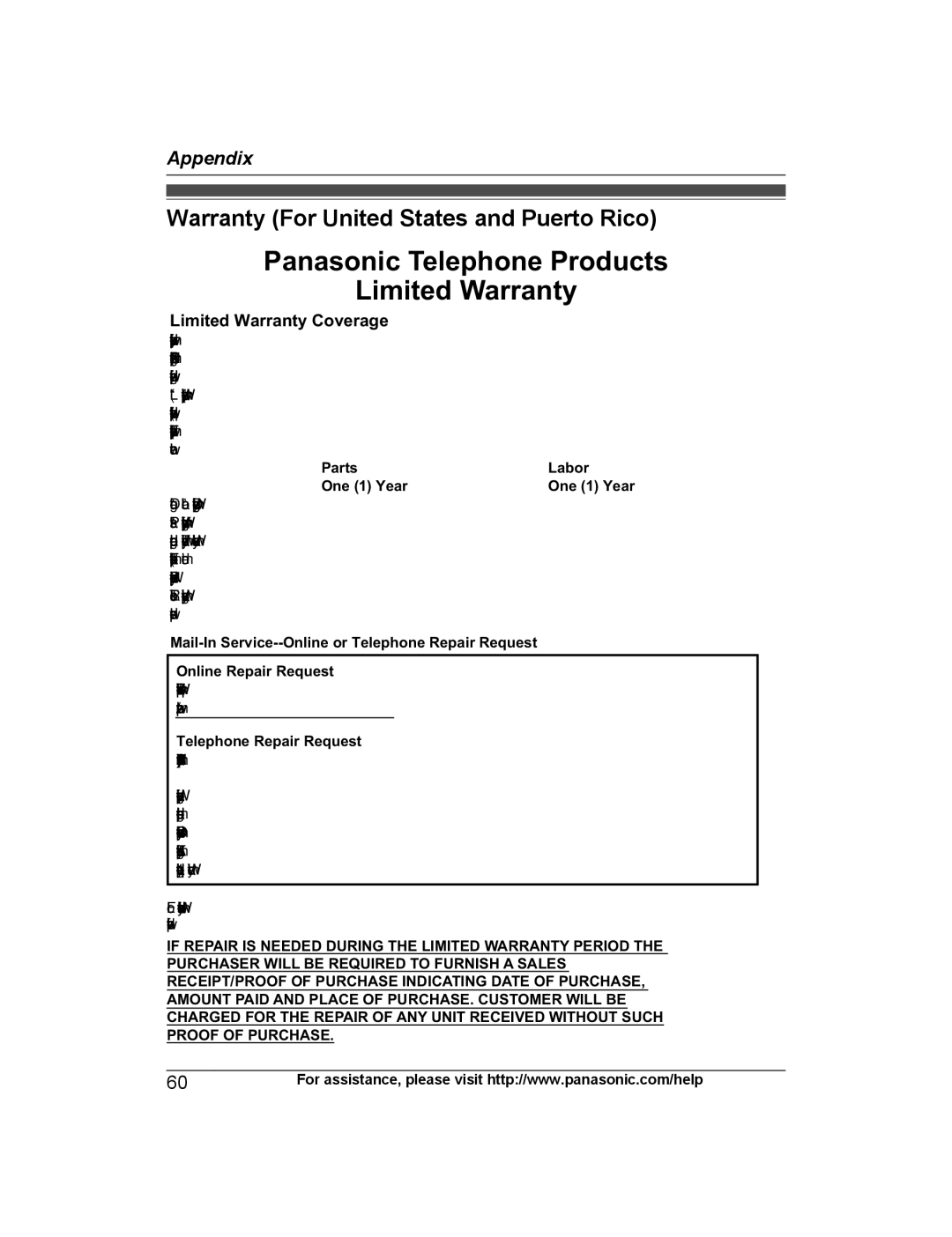 Panasonic KX-PRW120 Warranty For United States and Puerto Rico, Limited Warranty Coverage, Parts Labor One 1 Year 