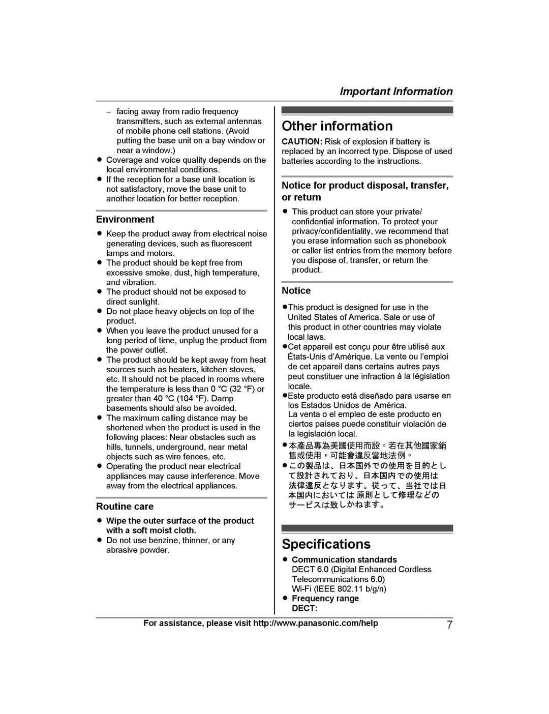 Panasonic KX-PRW120 operating instructions Other information, Specifications, Environment, Routine care 