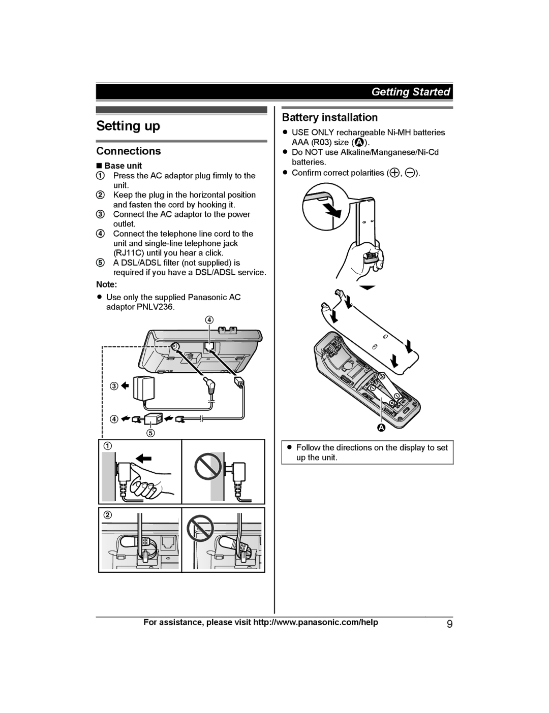 Panasonic KX-PRW120 operating instructions Setting up, Connections, Battery installation, Base unit 