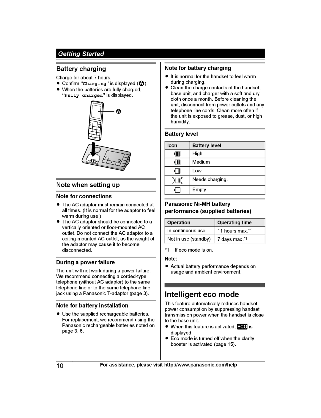 Panasonic KX-PRW130 operating instructions Intelligent eco mode, Battery charging, During a power failure, Battery level 