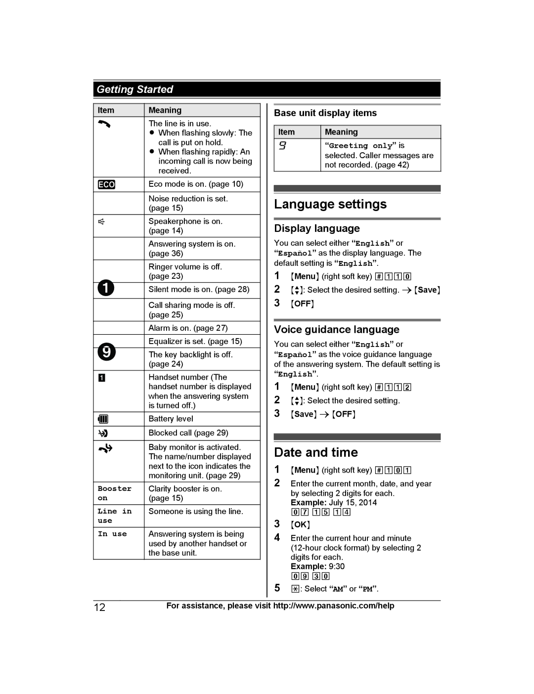 Panasonic KX-PRW130 Language settings, Date and time, Display language, Voice guidance language, Base unit display items 