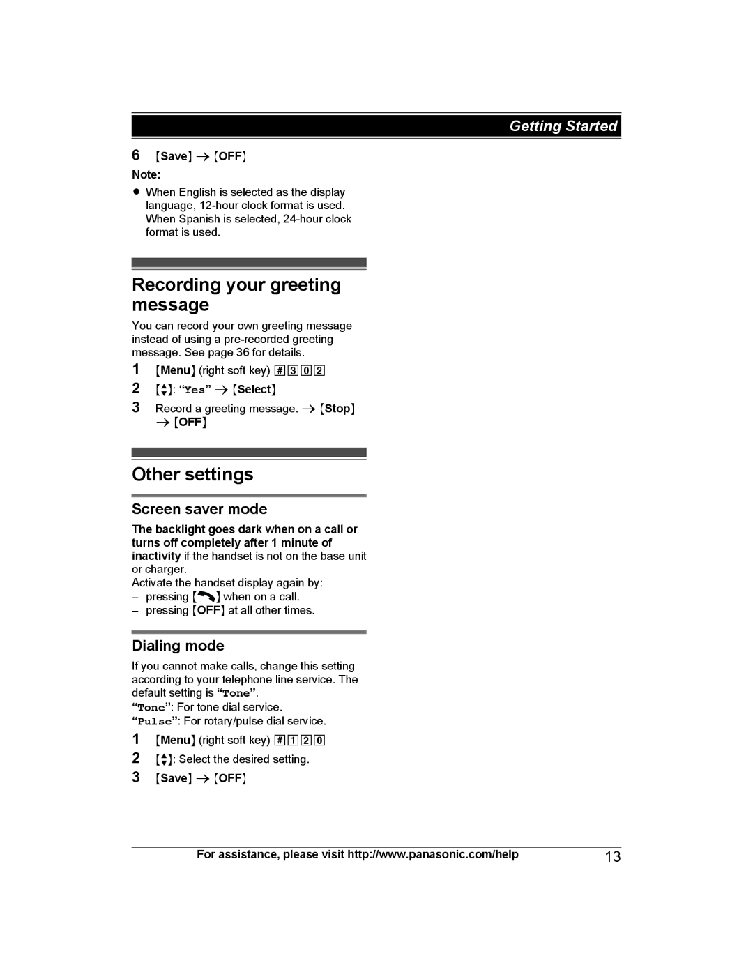 Panasonic KX-PRW130 Recording your greeting message, Other settings, Screen saver mode, Dialing mode, MbN Yes a MSelectN 