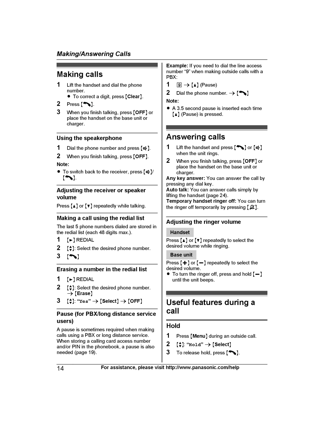 Panasonic KX-PRW130 operating instructions Making calls, Answering calls, Useful features during a call, Hold 