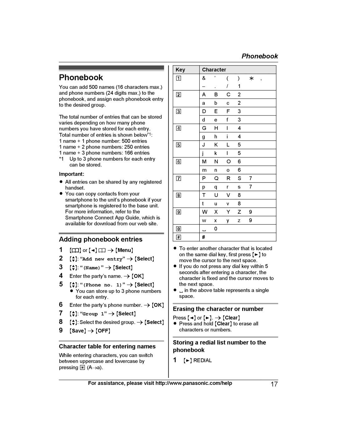 Panasonic KX-PRW130 operating instructions Phonebook, Adding phonebook entries, Character table for entering names 