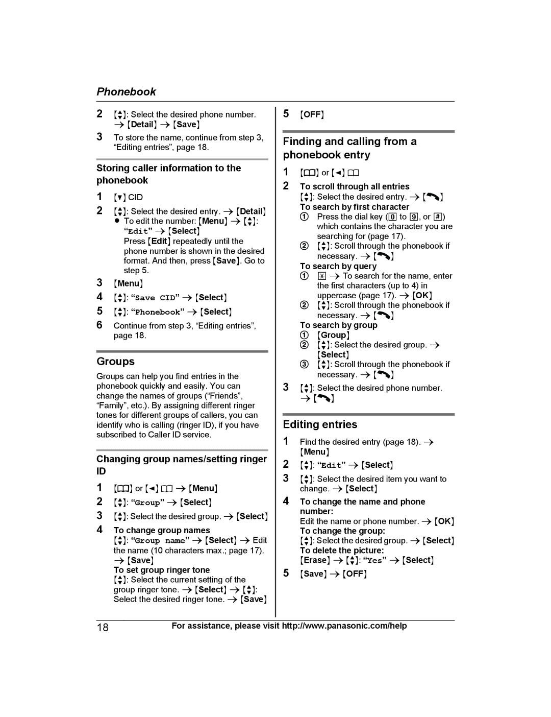 Panasonic KX-PRW130 operating instructions Groups, Finding and calling from a phonebook entry, Editing entries 