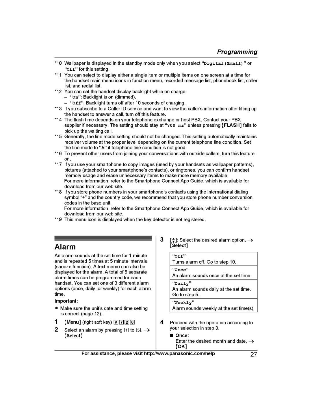 Panasonic KX-PRW130 operating instructions Alarm, Off, Once 