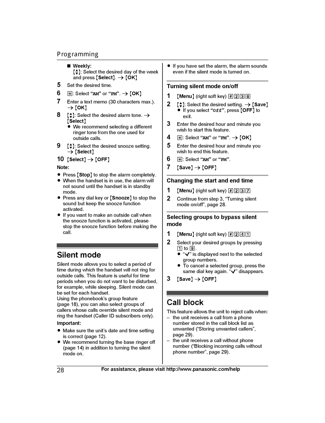 Panasonic KX-PRW130 operating instructions Call block, Turning silent mode on/off, Changing the start and end time, Mode 