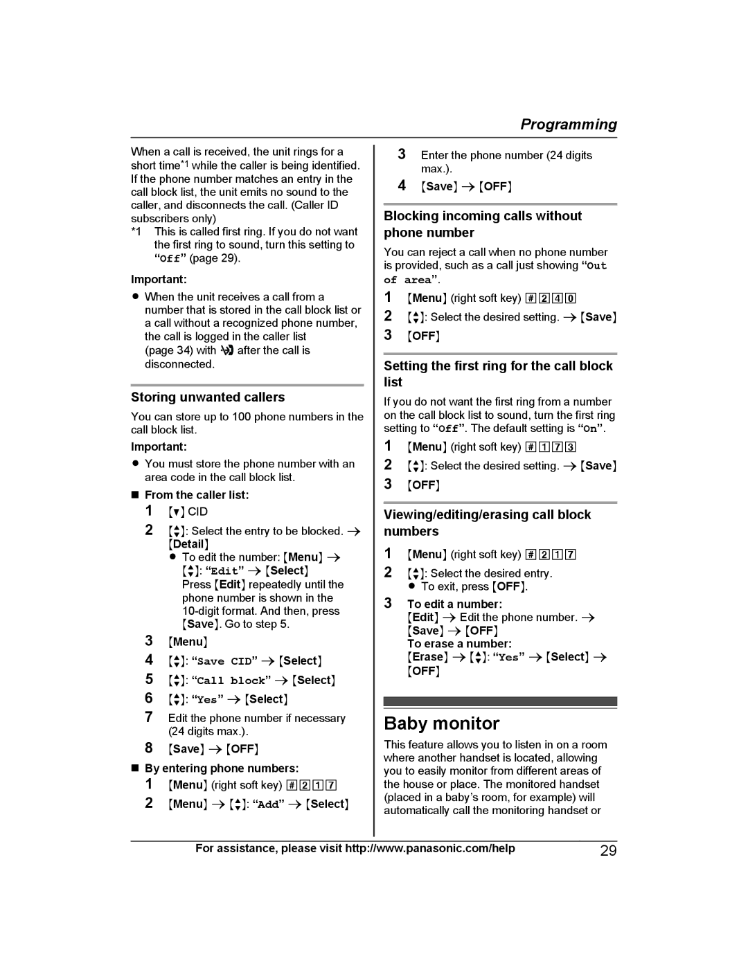 Panasonic KX-PRW130 Baby monitor, Storing unwanted callers, Blocking incoming calls without phone number 