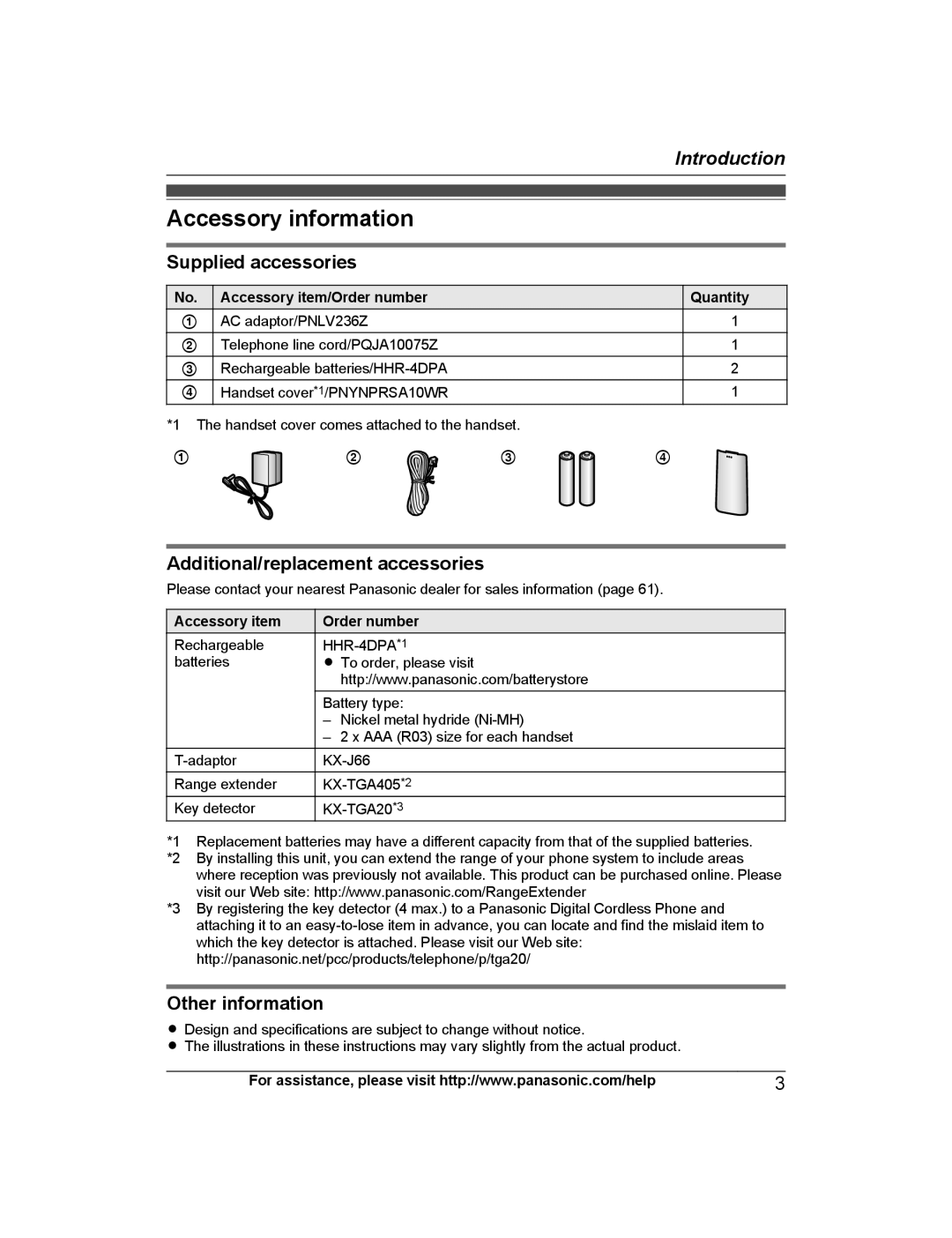 Panasonic KX-PRW130 Accessory information, Supplied accessories, Additional/replacement accessories, Other information 