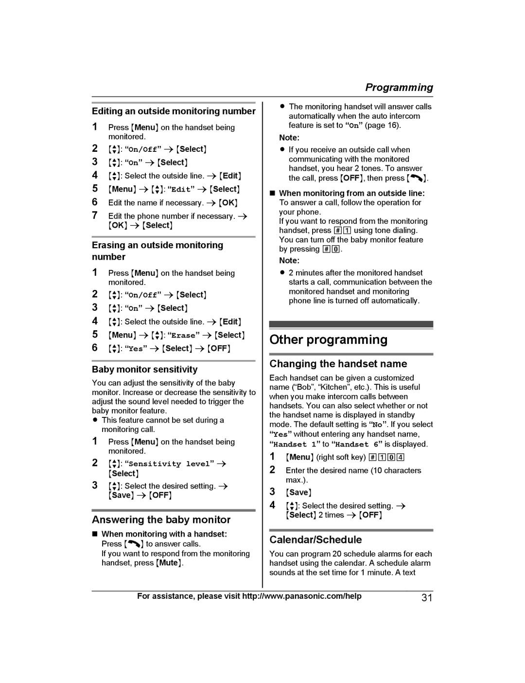 Panasonic KX-PRW130 Other programming, Answering the baby monitor, Changing the handset name, Calendar/Schedule 