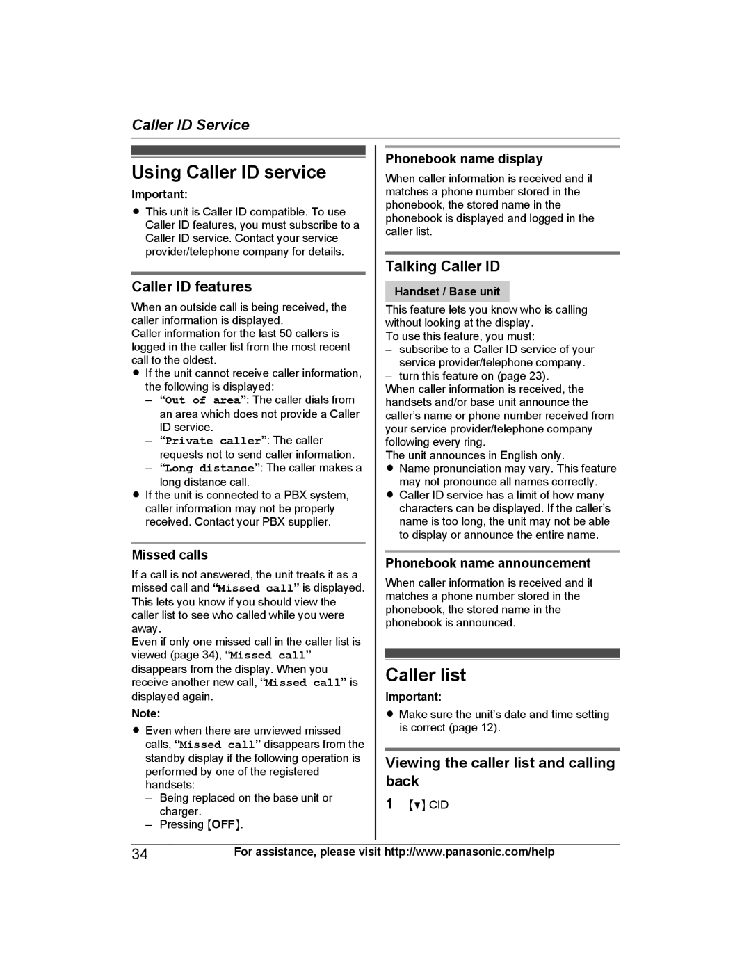 Panasonic KX-PRW130 operating instructions Using Caller ID service, Caller list, Caller ID features, Talking Caller ID 