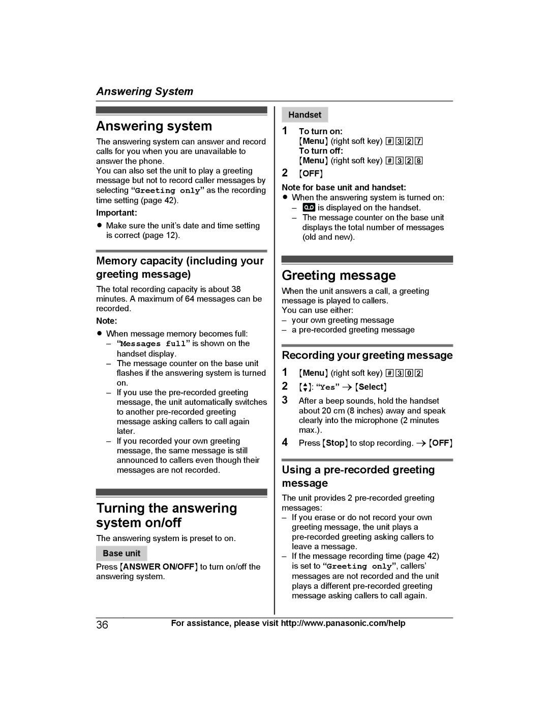 Panasonic KX-PRW130 Answering system, Greeting message, Memory capacity including your greeting message 