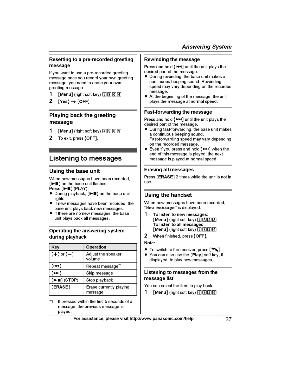Panasonic KX-PRW130 Listening to messages, Playing back the greeting message, Using the base unit, Using the handset 