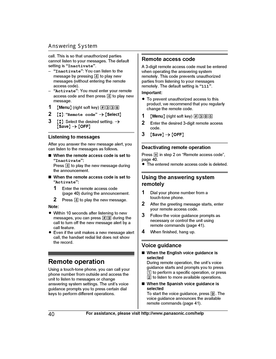 Panasonic KX-PRW130 Remote operation, Remote access code, Using the answering system remotely, Voice guidance 