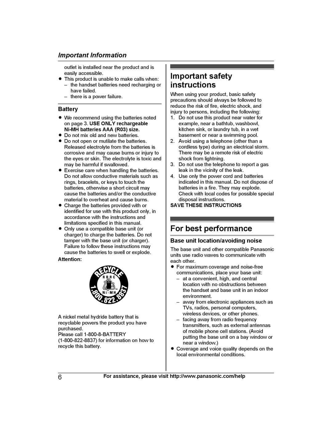 Panasonic KX-PRW130 Important safety instructions, For best performance, Battery, Base unit location/avoiding noise 