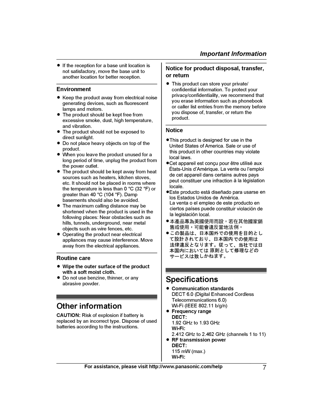 Panasonic KX-PRW130 operating instructions Other information, Specifications, Environment, Routine care 