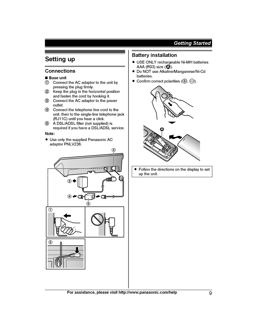 Panasonic KX-PRW130 operating instructions Setting up, Connections, Battery installation, Base unit 