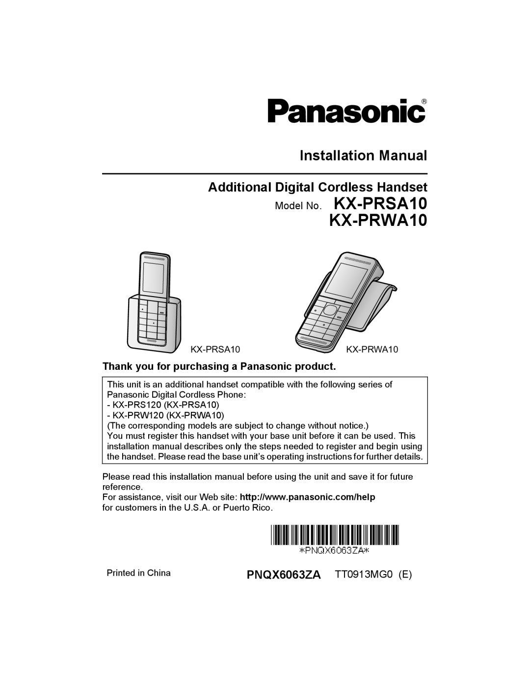 Panasonic KX-PRSA10 installation manual KX-PRWA10, Thank you for purchasing a Panasonic product 