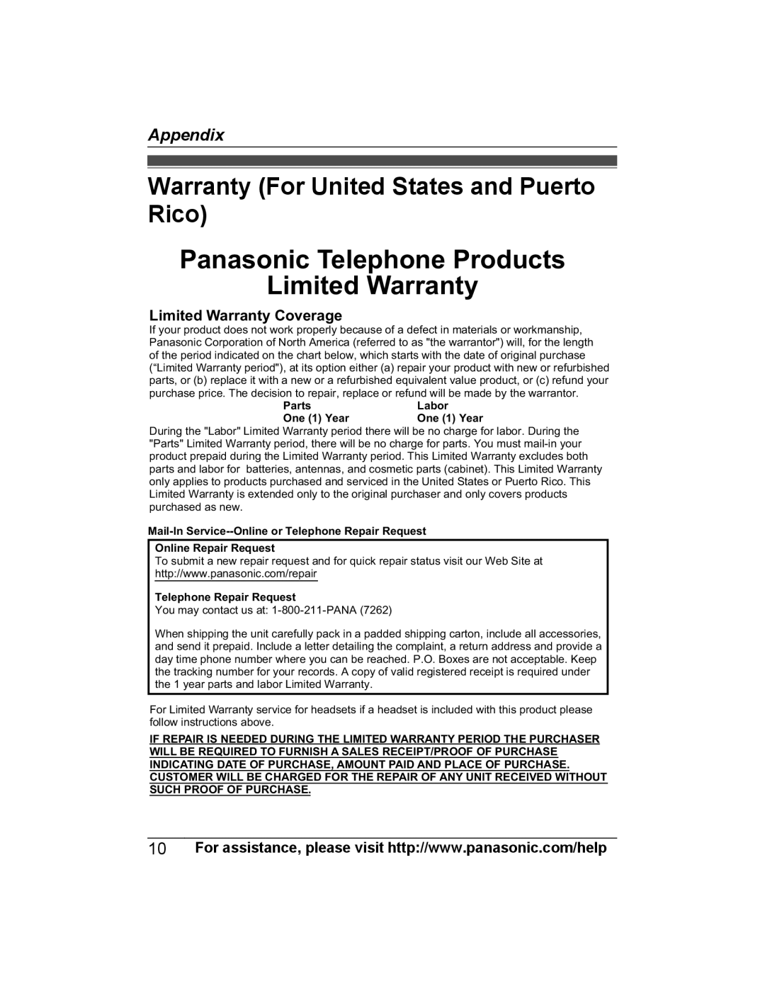 Panasonic KX-PRWA10, KX-PRSA10 installation manual Panasonic Telephone Products Limited Warranty, Limited Warranty Coverage 