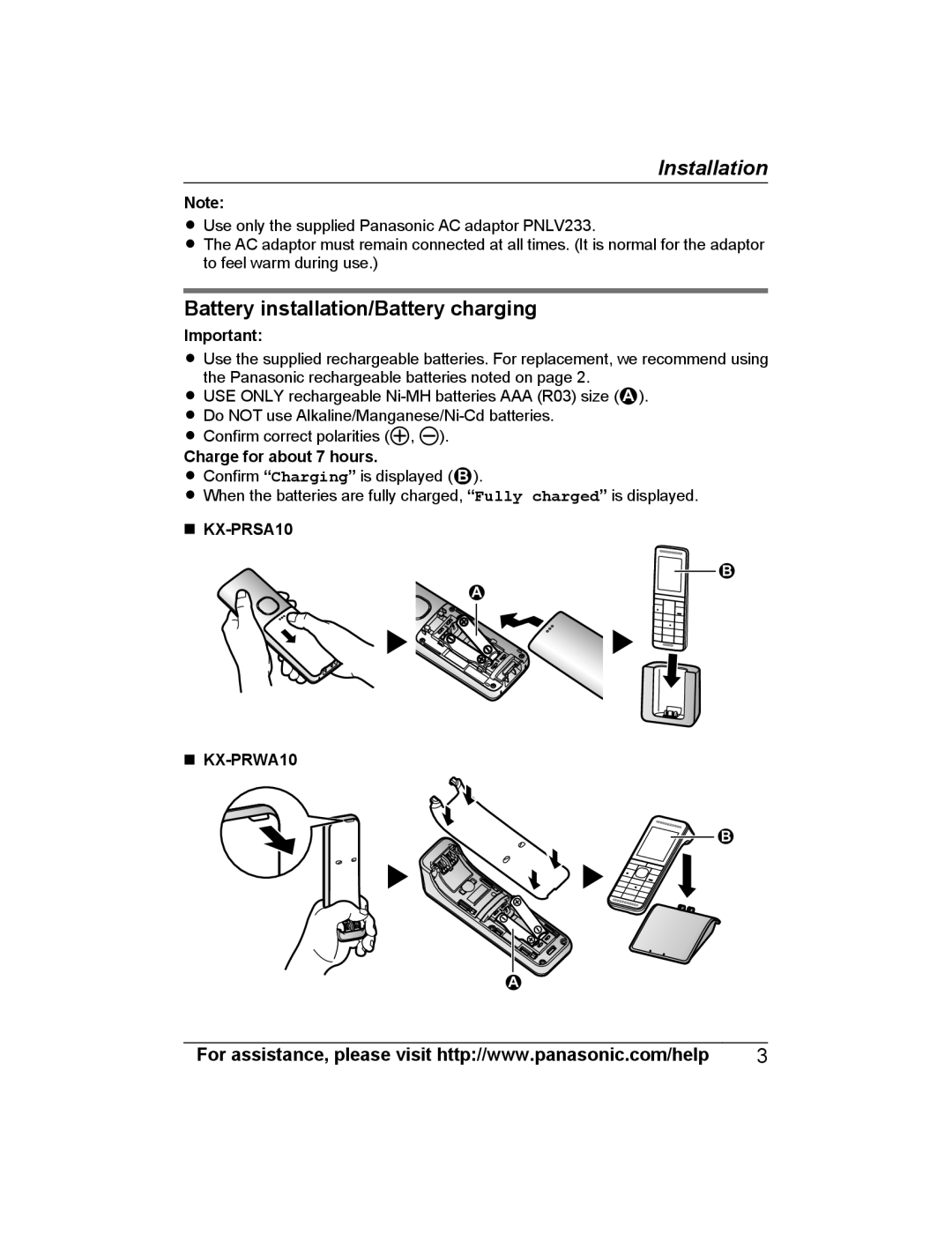 Panasonic installation manual Battery installation/Battery charging, Charge for about 7 hours, KX-PRSA10 KX-PRWA10 