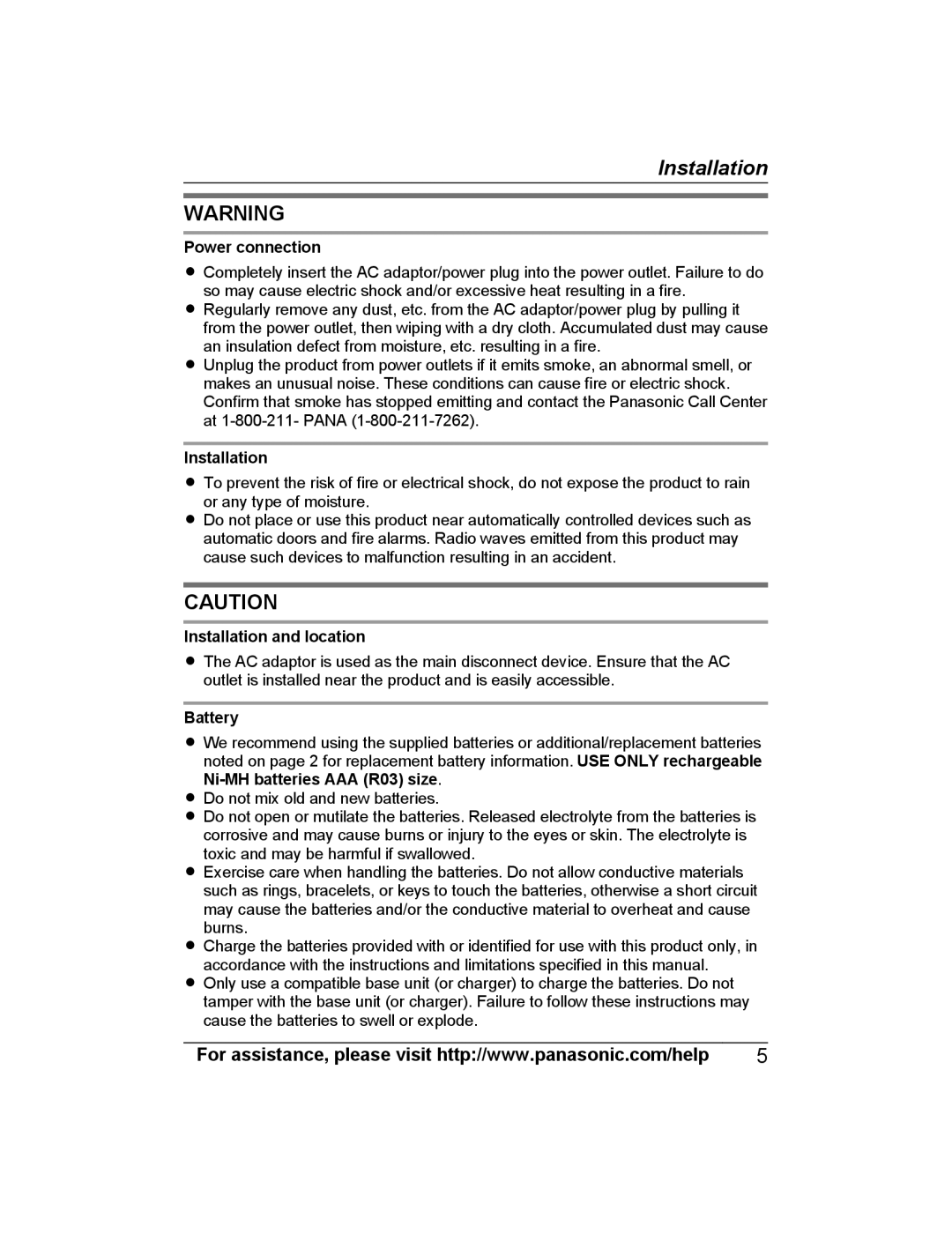 Panasonic KX-PRSA10, KX-PRWA10 installation manual Power connection, Installation and location, Battery 