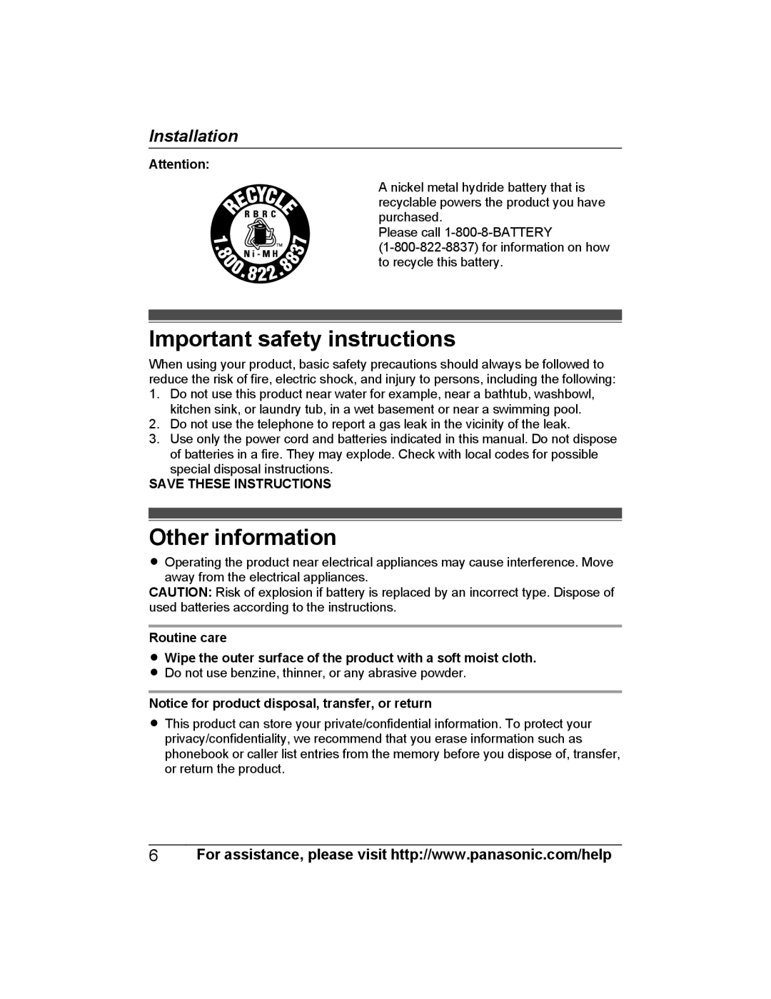 Panasonic KX-PRWA10, KX-PRSA10 installation manual Important safety instructions, Other information 