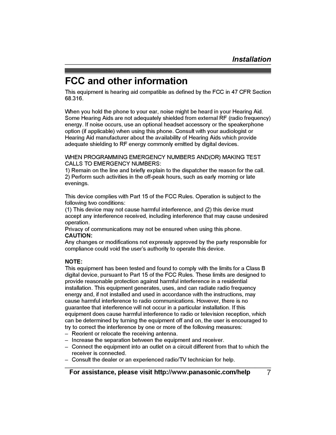 Panasonic KX-PRSA10, KX-PRWA10 installation manual FCC and other information 