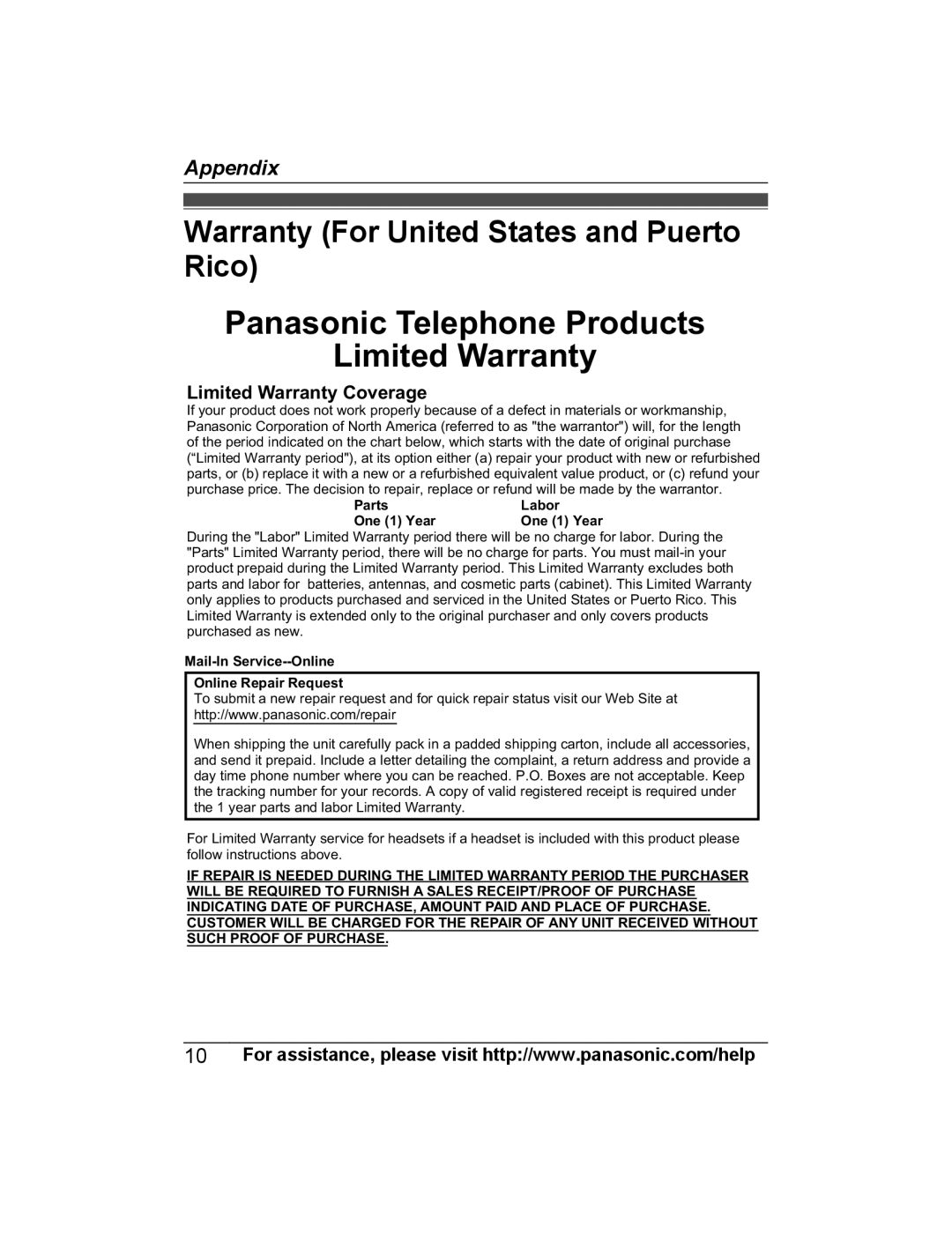 Panasonic KX-PRWA13 installation manual Panasonic Telephone Products Limited Warranty, Limited Warranty Coverage 