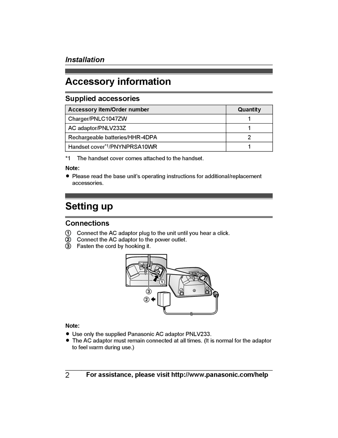 Panasonic KX-PRWA13 installation manual Accessory information, Setting up, Supplied accessories, Connections 