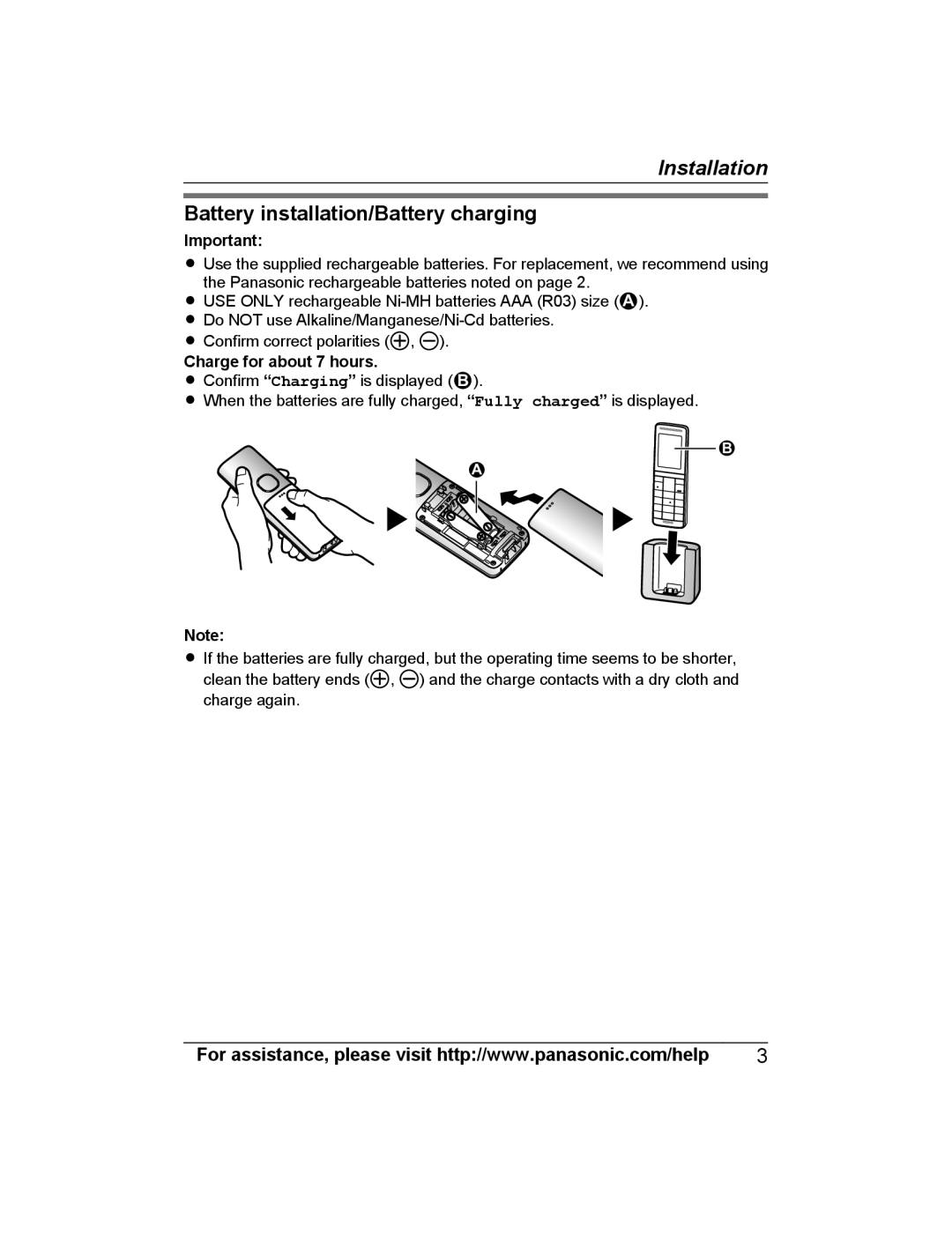 Panasonic KX-PRWA13 installation manual Battery installation/Battery charging, Charge for about 7 hours 