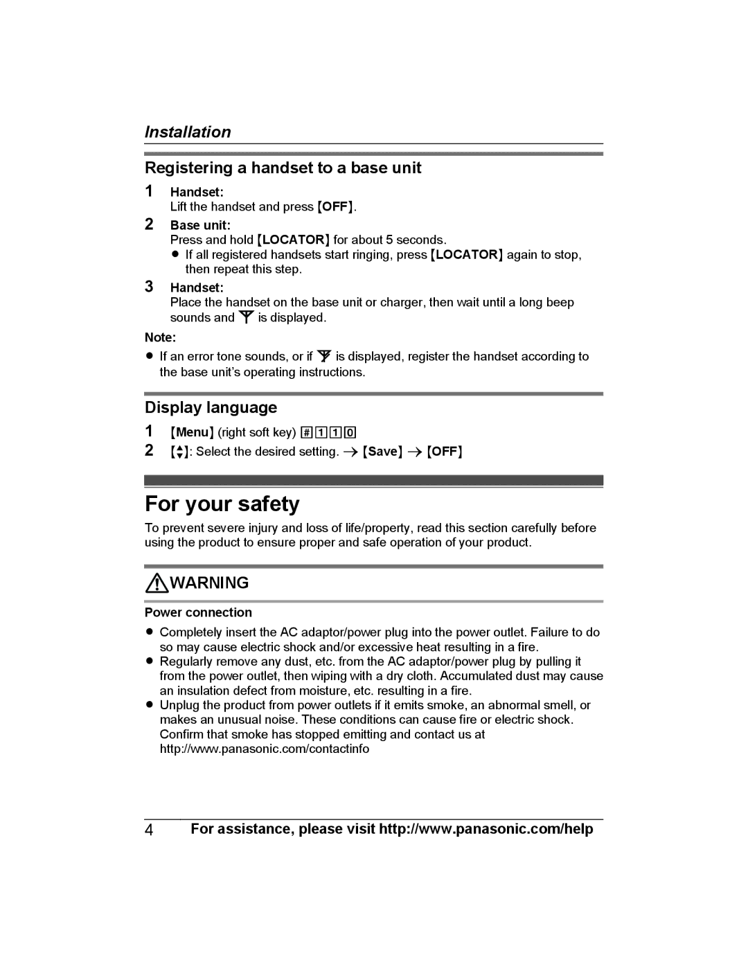 Panasonic KX-PRWA13 installation manual For your safety, Registering a handset to a base unit, Display language 