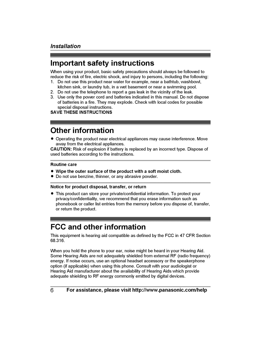 Panasonic KX-PRWA13 installation manual Important safety instructions, Other information, FCC and other information 