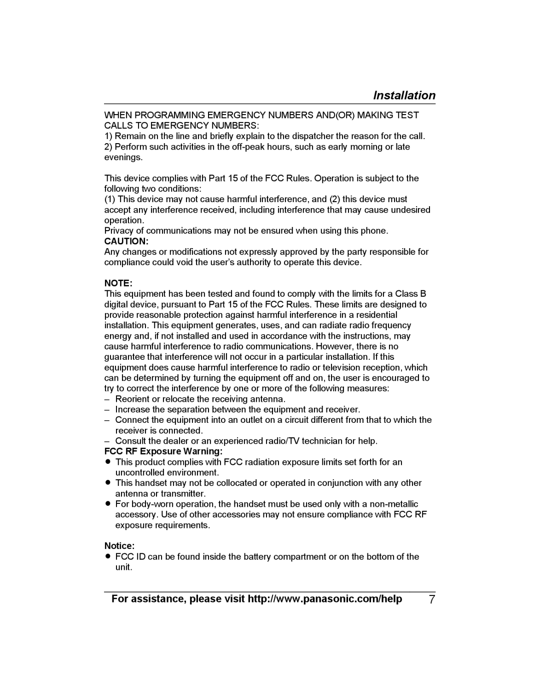 Panasonic KX-PRWA13 installation manual FCC RF Exposure Warning 