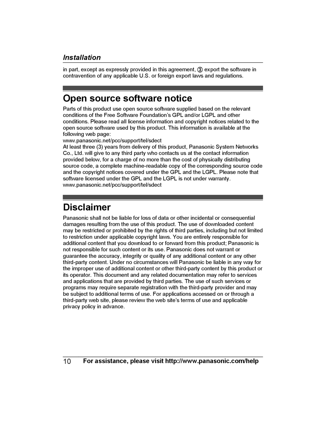 Panasonic KX-PRXA10 installation manual Open source software notice, Disclaimer 