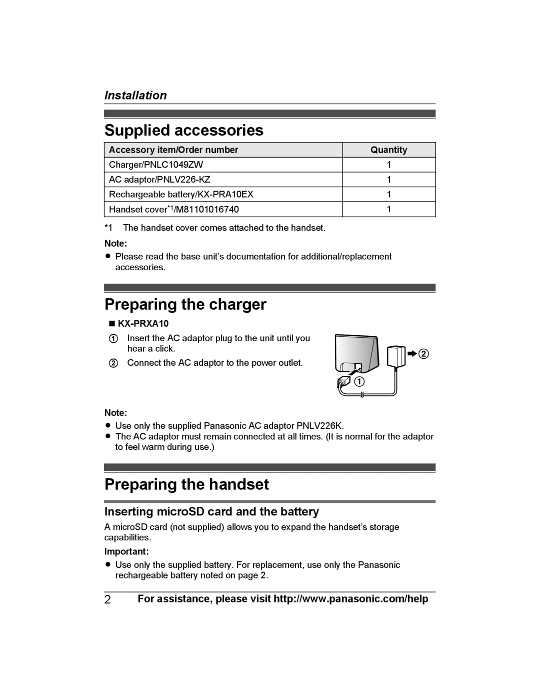 Panasonic KX-PRXA10 installation manual Supplied accessories, Preparing the charger, Preparing the handset 