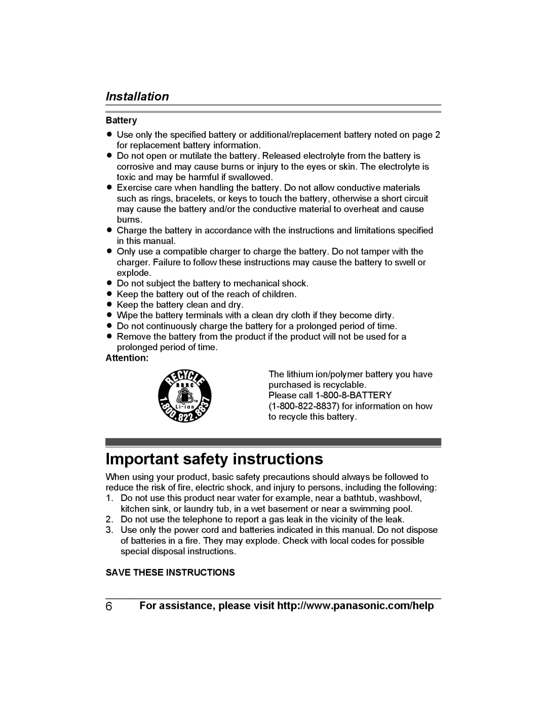 Panasonic KX-PRXA10 installation manual Important safety instructions, Battery 