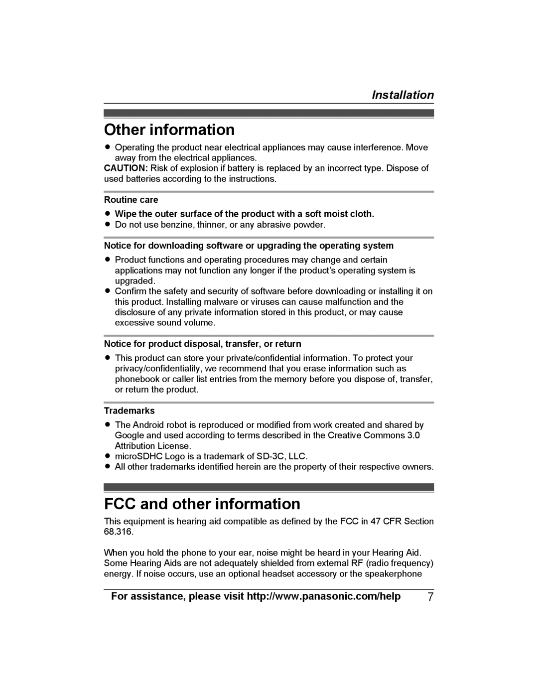 Panasonic KX-PRXA10 installation manual Other information, FCC and other information, Trademarks 