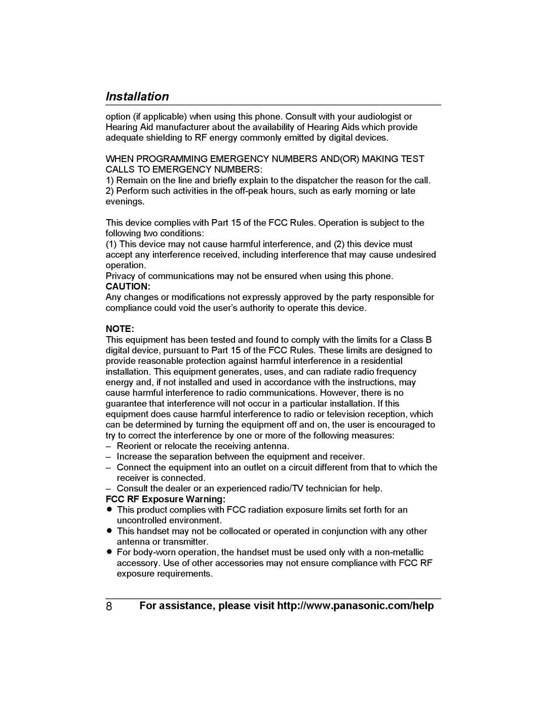 Panasonic KX-PRXA10 installation manual FCC RF Exposure Warning 