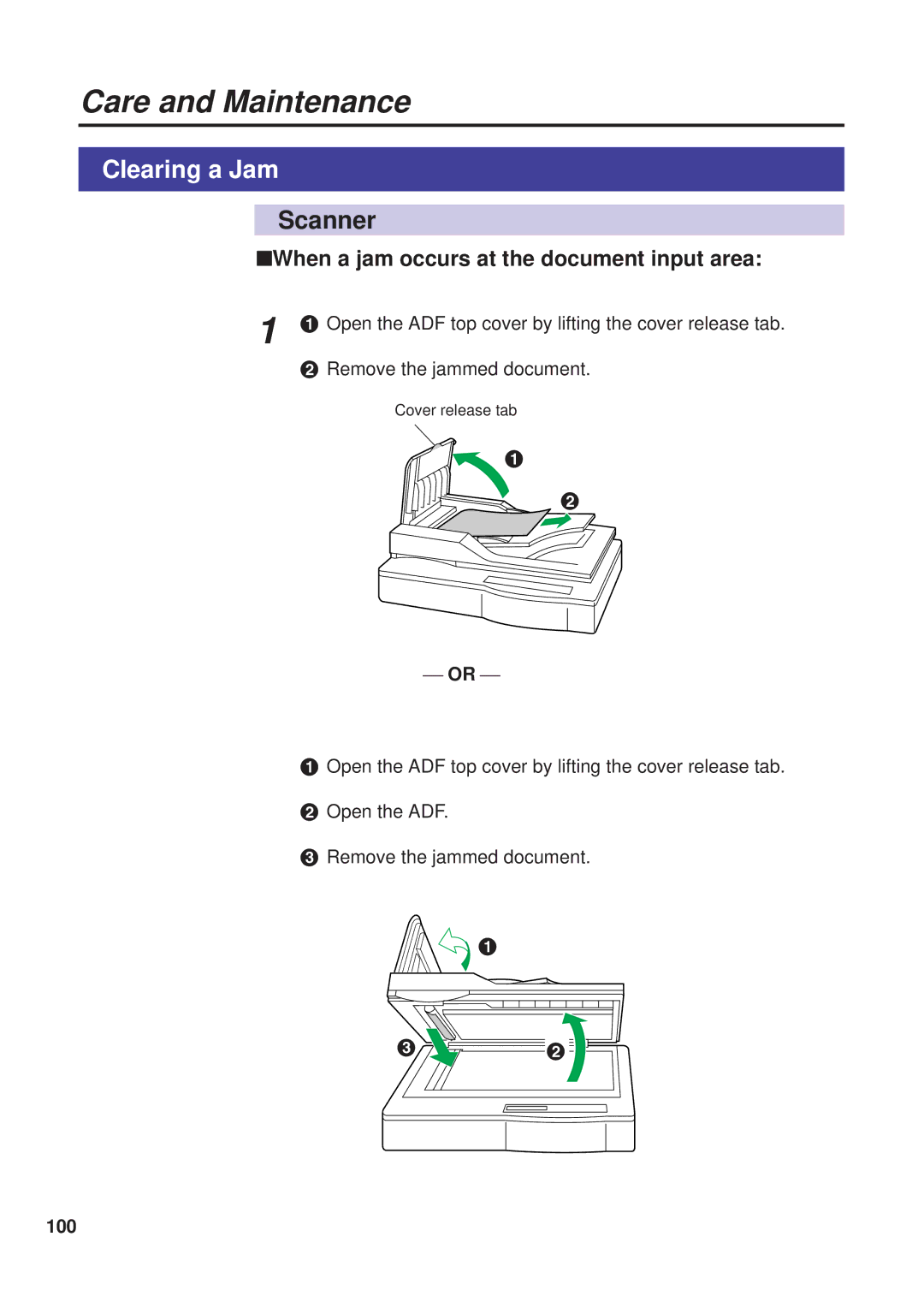 Panasonic KX-PS8000 manual Clearing a Jam, When a jam occurs at the document input area, 100 