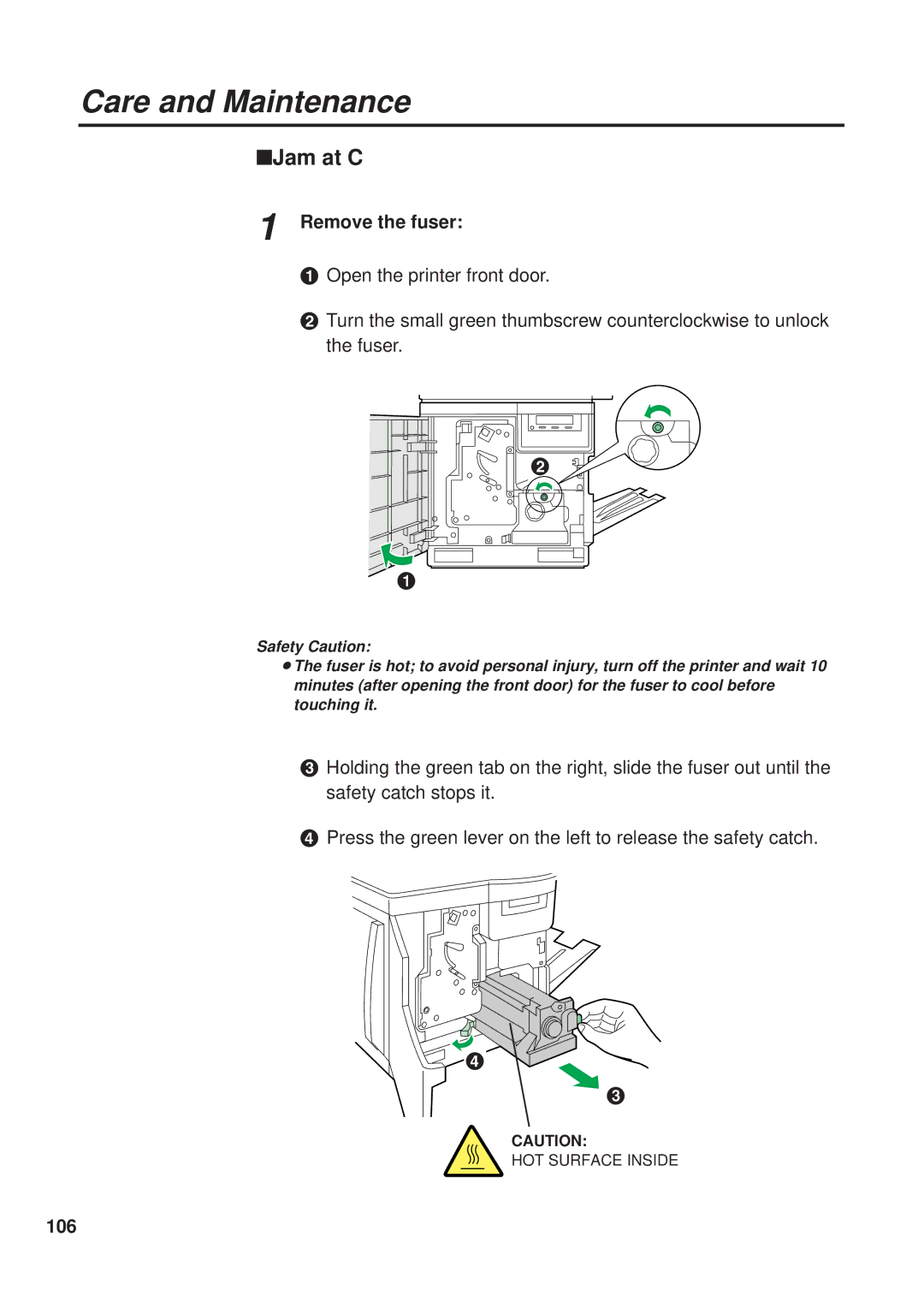 Panasonic KX-PS8000 manual Jam at C, Remove the fuser, 106 