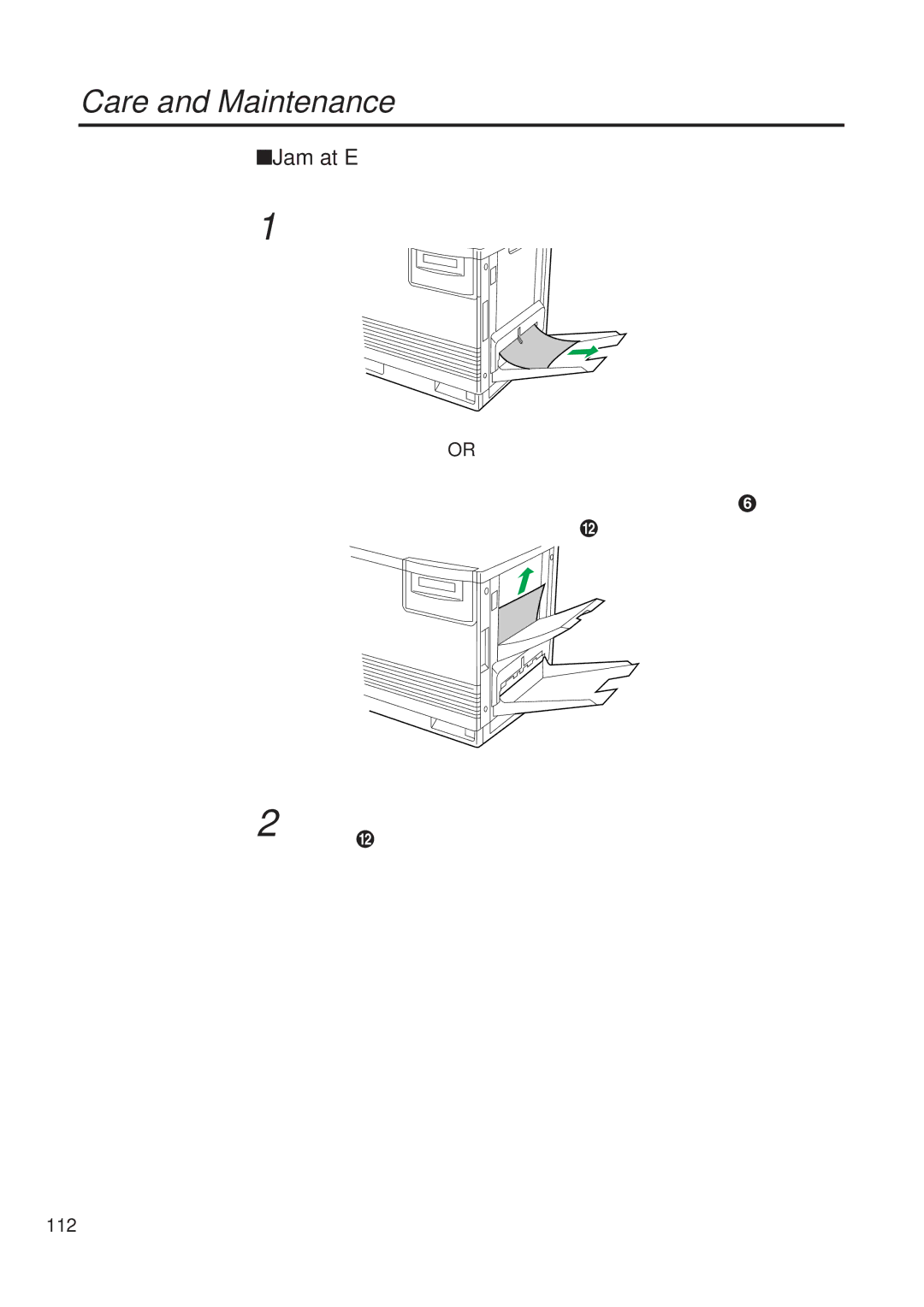 Panasonic KX-PS8000 manual Jam at E, Remove the jammed media from the output tray, 112 