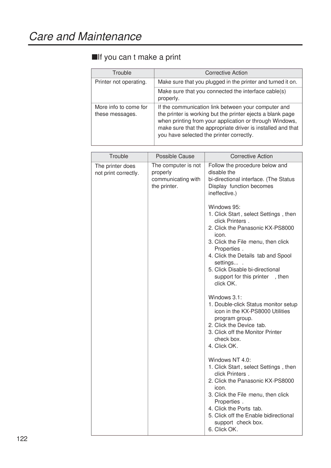 Panasonic KX-PS8000 manual If you can’t make a print, 122 