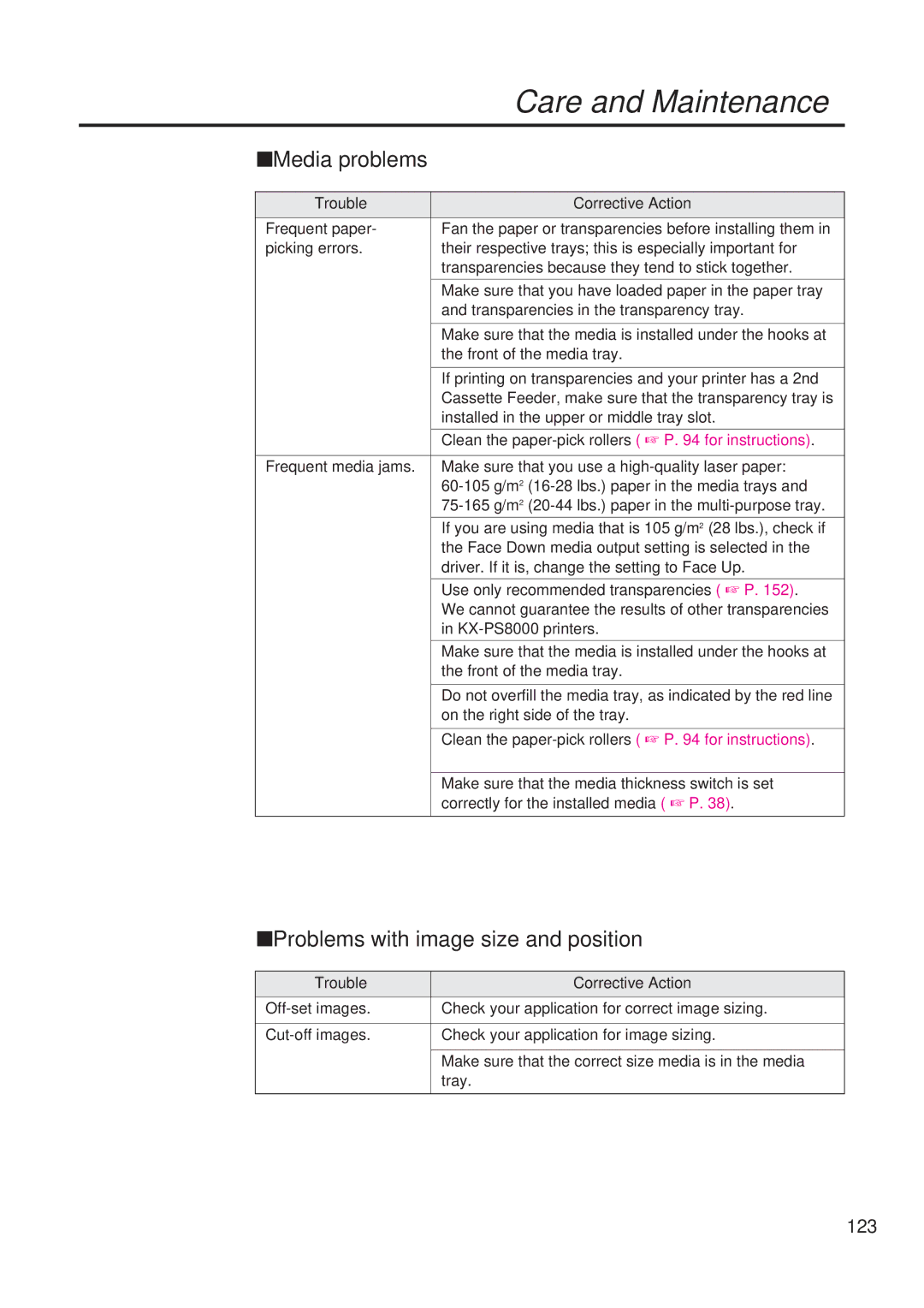 Panasonic KX-PS8000 manual Problems with image size and position, 123 