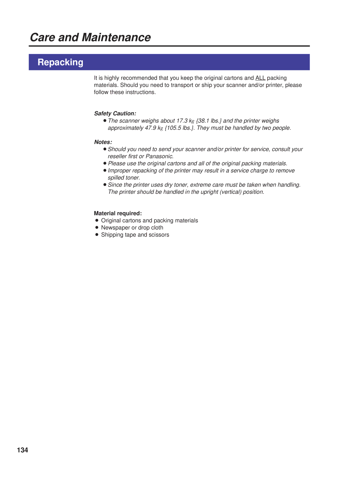 Panasonic KX-PS8000 manual Repacking, 134, Material required 