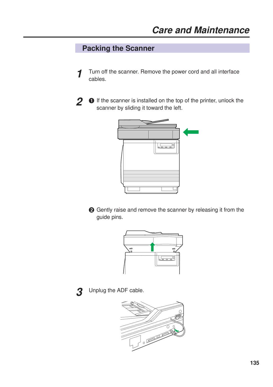 Panasonic KX-PS8000 manual Packing the Scanner, Cables, Scanner by sliding it toward the left, 135 