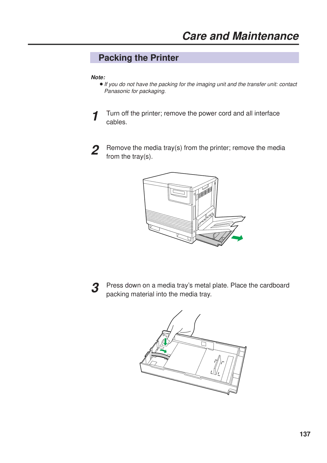 Panasonic KX-PS8000 Packing the Printer, Remove the media trays from the printer remove the media, From the trays, 137 