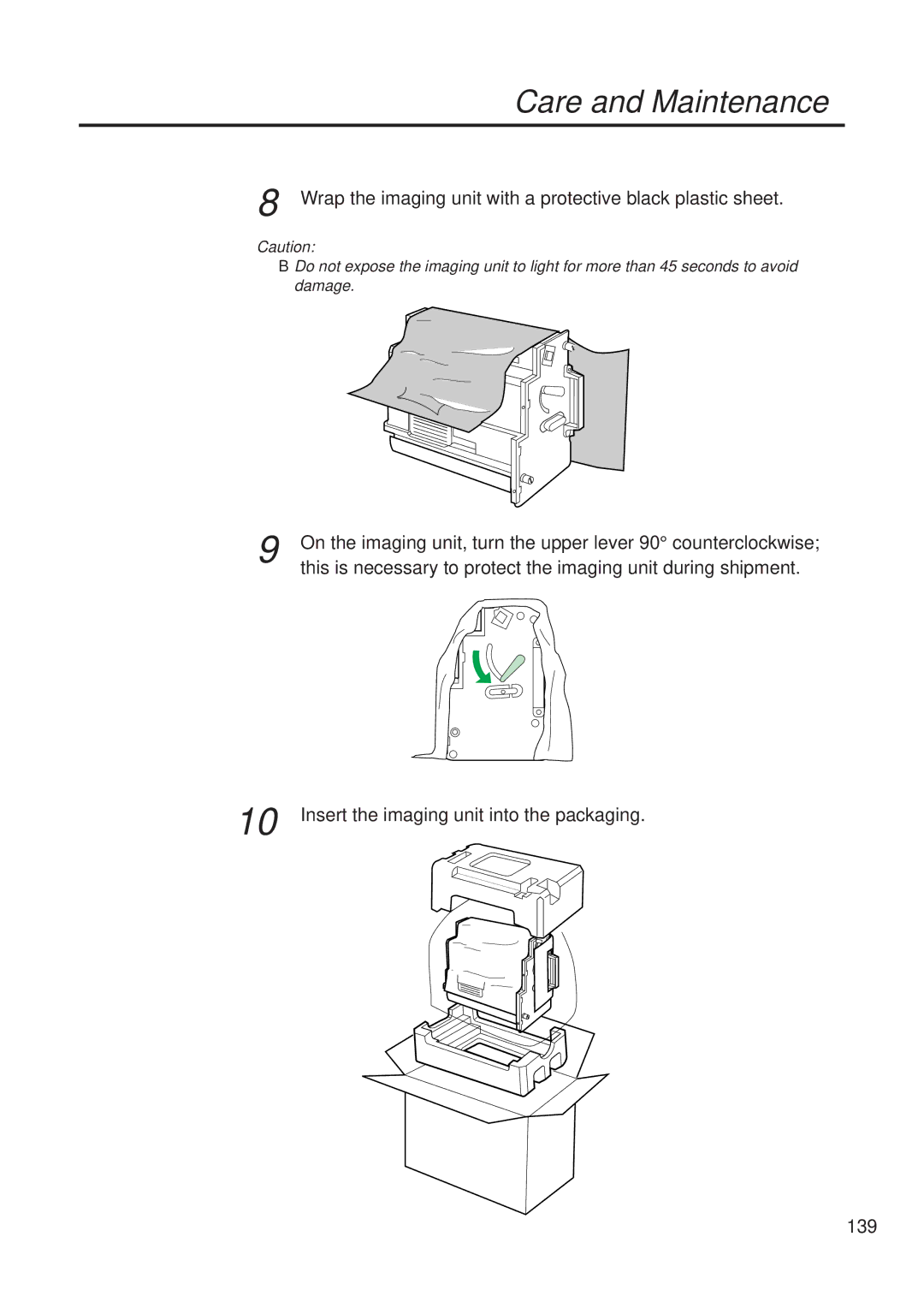 Panasonic KX-PS8000 manual Wrap the imaging unit with a protective black plastic sheet, 139 