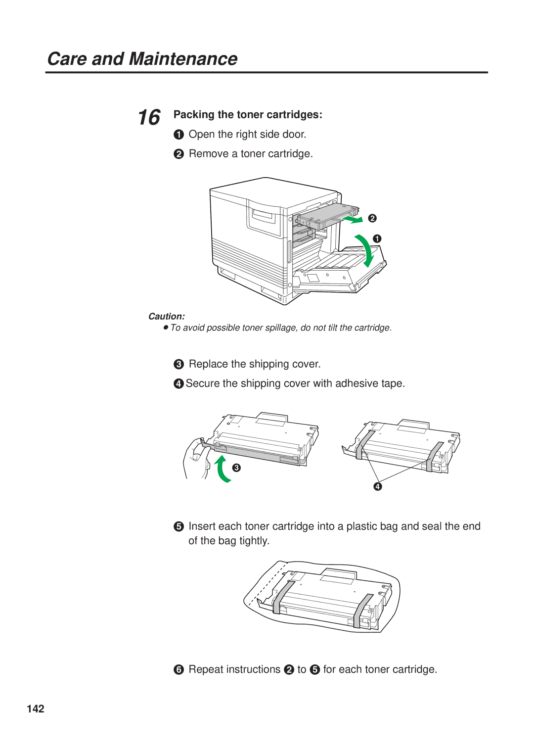 Panasonic KX-PS8000 manual Packing the toner cartridges, # Open the right side door $ Remove a toner cartridge, 142 