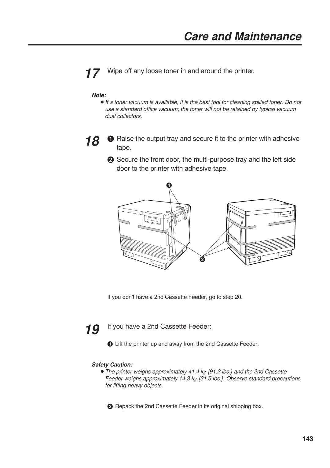 Panasonic KX-PS8000 manual Wipe off any loose toner in and around the printer, Tape, If you have a 2nd Cassette Feeder, 143 