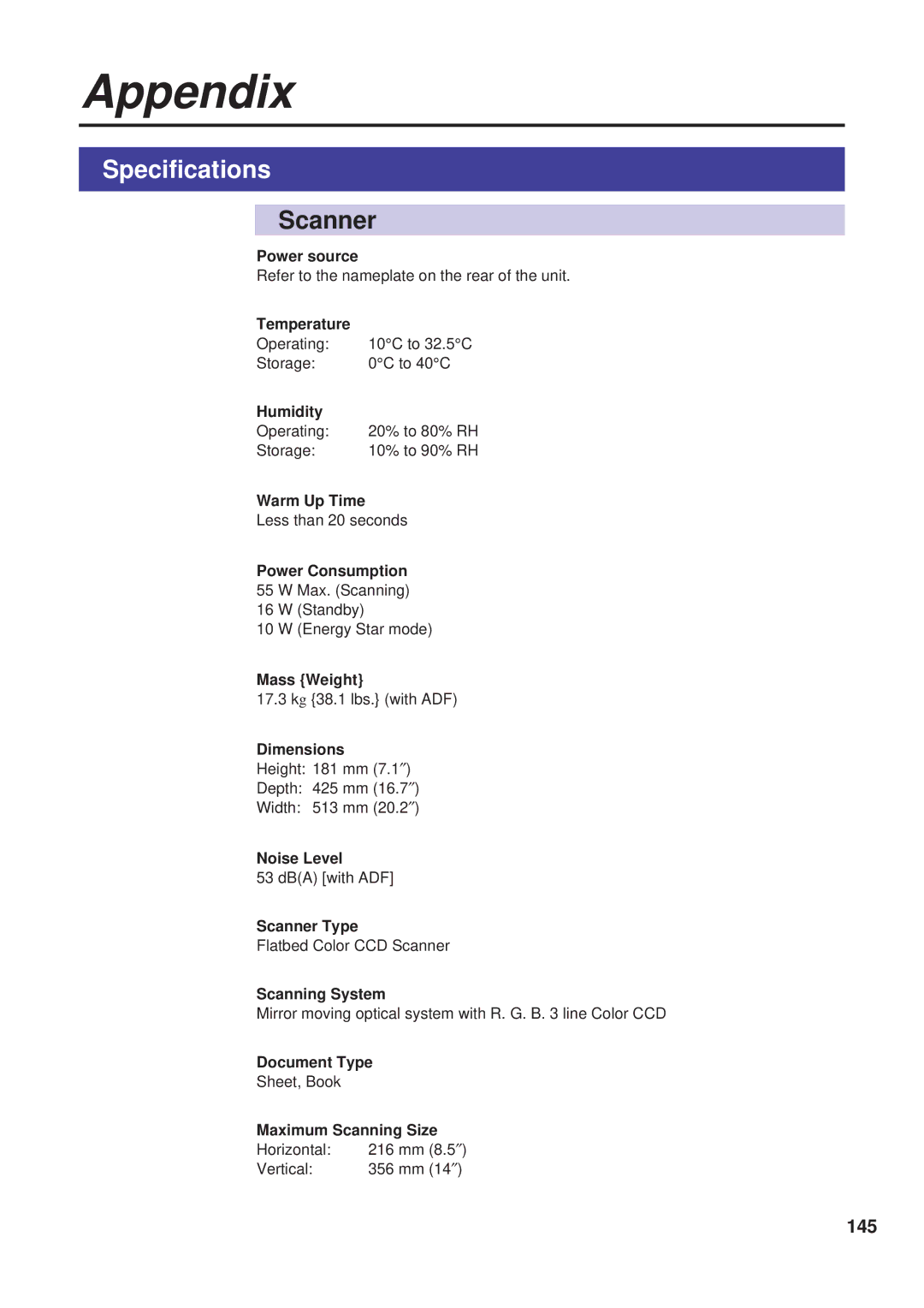 Panasonic KX-PS8000 manual Specifications, 145 